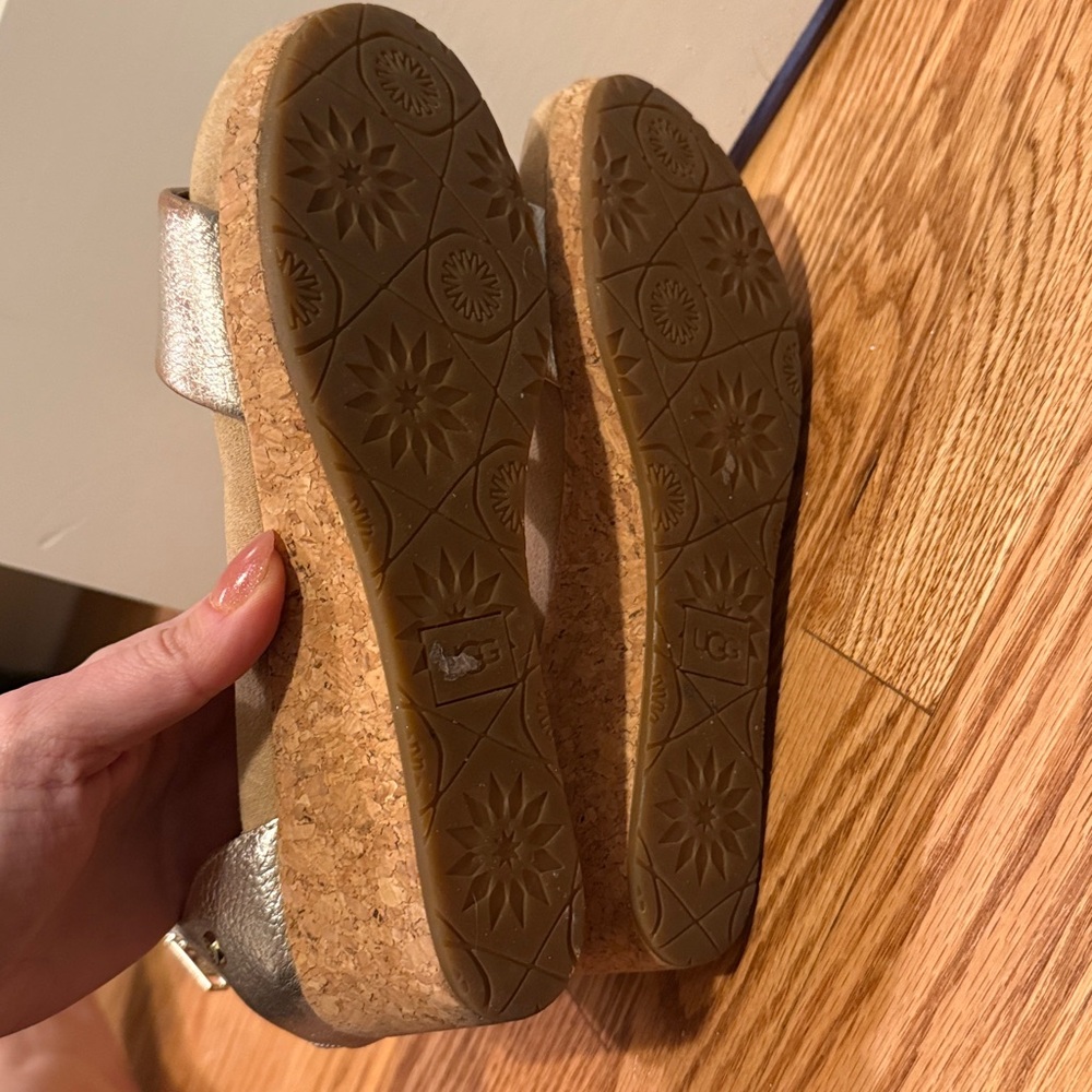 UGG Metallic Gold Leather Ankle-Strap Sandals - Picture 7 of 9